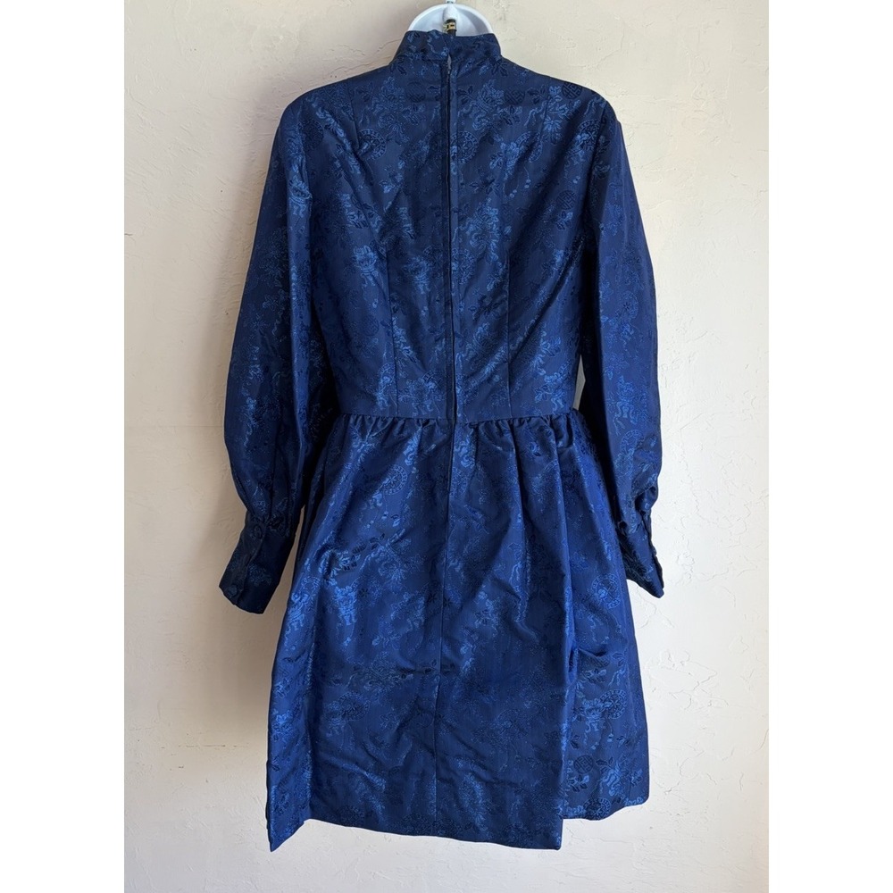 Vintage 60s 70s Handmade Navy Brocade Mini Dress XS S Gothic Victorian Regency - Picture 3 of 14